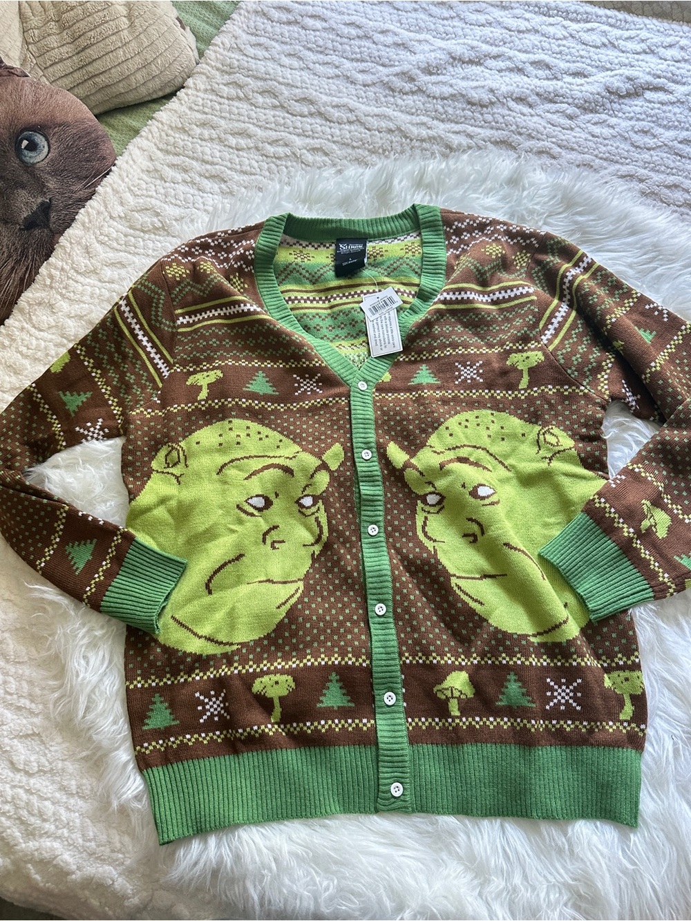 Shrek Themed Button-Up Cardigan in Brown & Lime Green